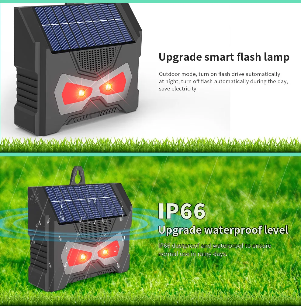 Electronic Ultrasonic Bird Repeller IP66 Waterproof Solar Charging LED Flash Lamp Pest Control for Courtyard Control
