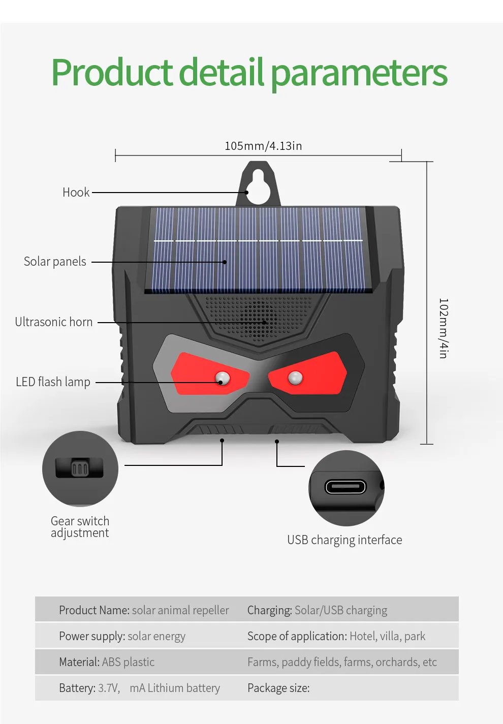 Electronic Ultrasonic Bird Repeller IP66 Waterproof Solar Charging LED Flash Lamp Pest Control for Courtyard Control