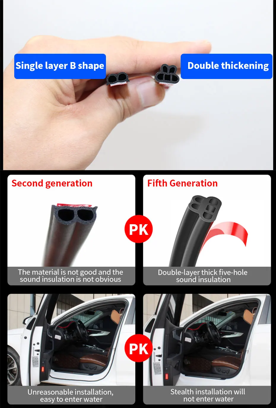 SEAMETAL Car Door Weatherstrip Rubber Seal Strip 2-Layer Waterproof Noise Insulation Protector Strip Sealing for Door Hood Trunk