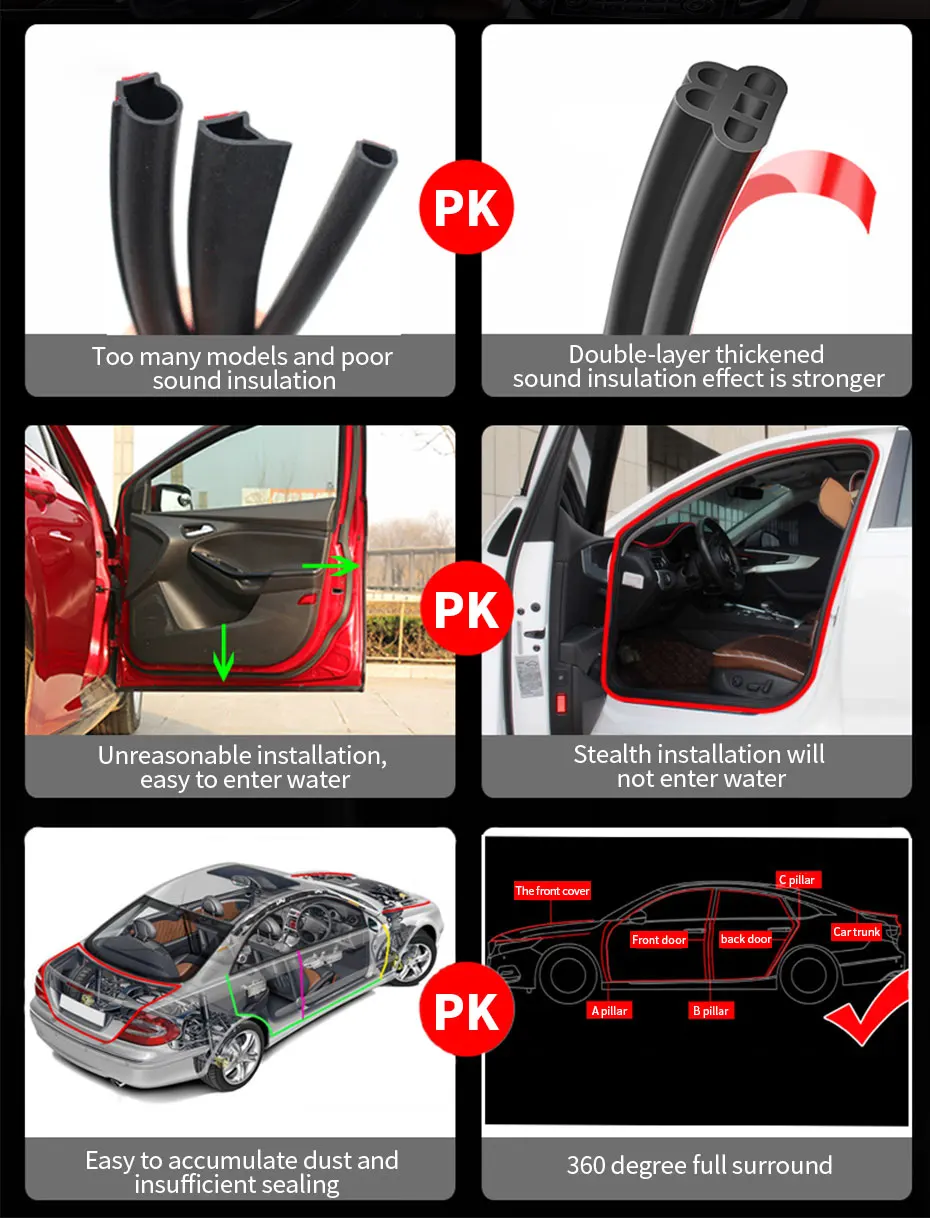 SEAMETAL Car Door Weatherstrip Rubber Seal Strip 2-Layer Waterproof Noise Insulation Protector Strip Sealing for Door Hood Trunk
