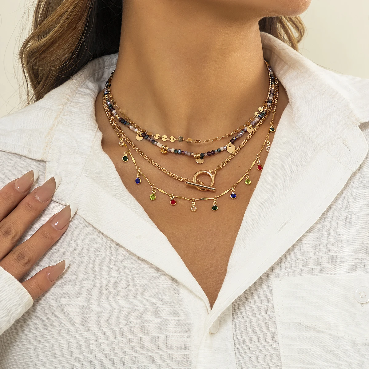 4Pcs/Set Boho Colorful Crystal Sequin Tassel Pendant Choker Necklace for Women Trendy Summer Vintage OT Buckle Chain Y2K Jewelry