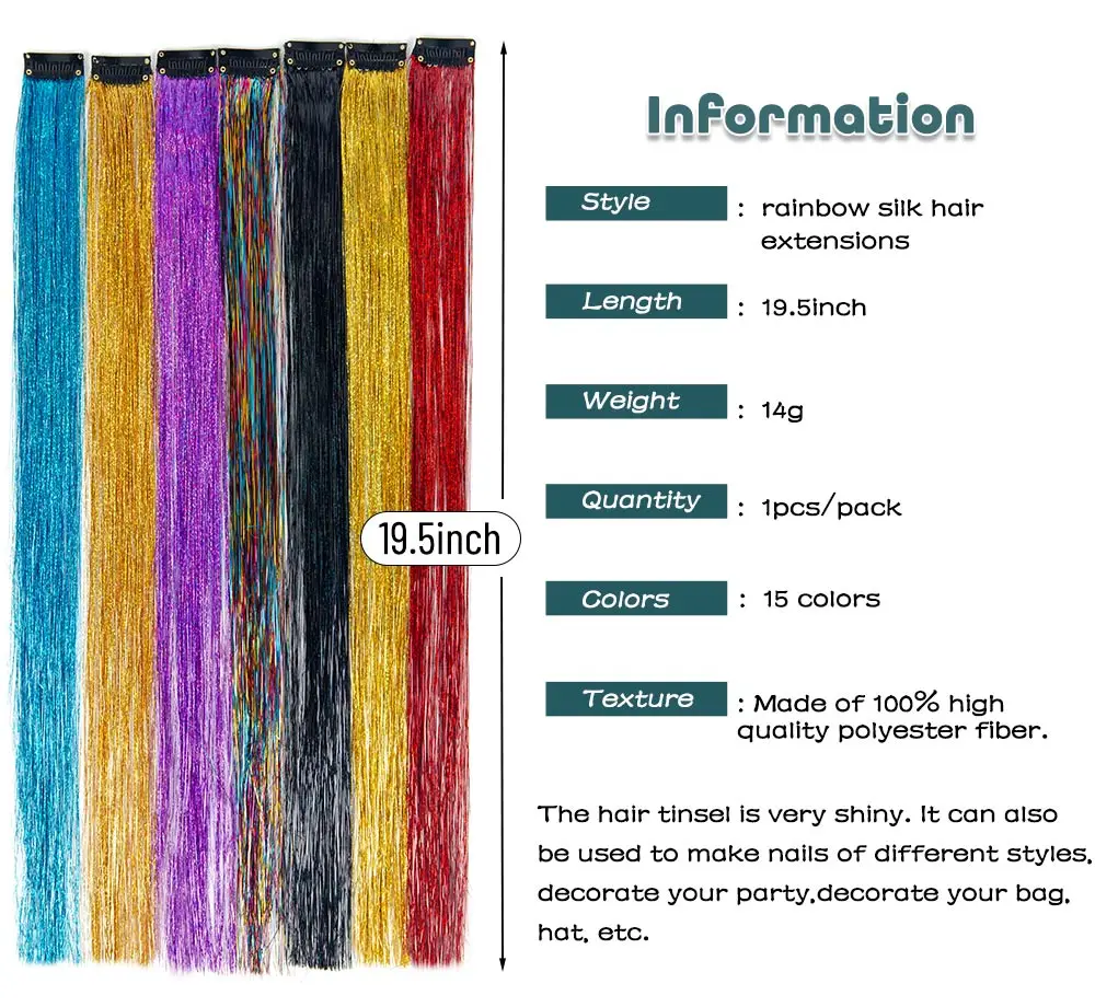 Shiny Sparkle Hair Extension Clip In Hair Tinsel Glitter Fairy Hair Tinsel Kit Heat Resistant 5Pcs Hair Streak Synthetic Hair