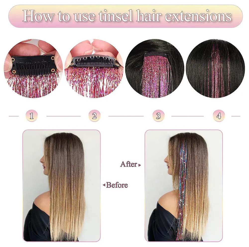 Shiny Sparkle Hair Extension Clip In Hair Tinsel Glitter Fairy Hair Tinsel Kit Heat Resistant 5Pcs Hair Streak Synthetic Hair