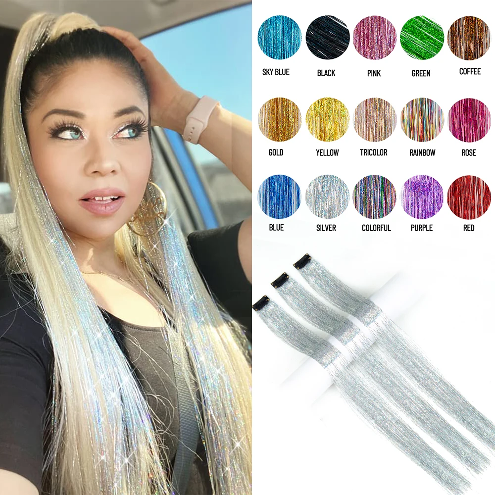 Shiny Sparkle Hair Extension Clip In Hair Tinsel Glitter Fairy Hair Tinsel Kit Heat Resistant 5Pcs Hair Streak Synthetic Hair