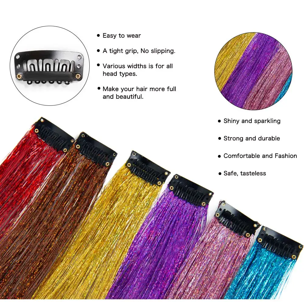 Shiny Sparkle Hair Extension Clip In Hair Tinsel Glitter Fairy Hair Tinsel Kit Heat Resistant 5Pcs Hair Streak Synthetic Hair