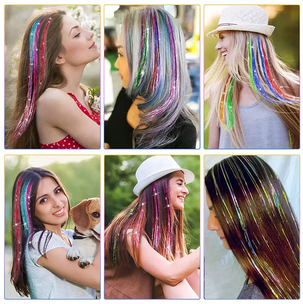 Shiny Sparkle Hair Extension Clip In Hair Tinsel Glitter Fairy Hair Tinsel Kit Heat Resistant 5Pcs Hair Streak Synthetic Hair