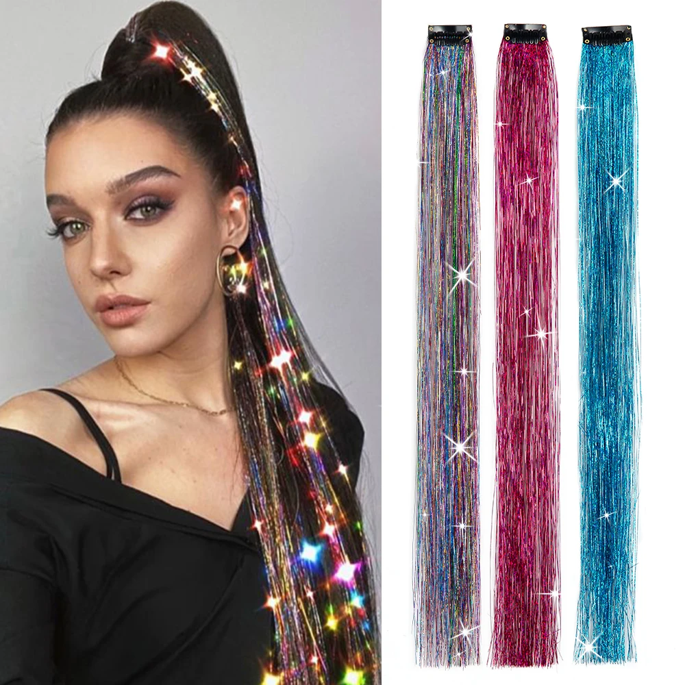 Shiny Sparkle Hair Extension Clip In Hair Tinsel Glitter Fairy Hair Tinsel Kit Heat Resistant 5Pcs Hair Streak Synthetic Hair