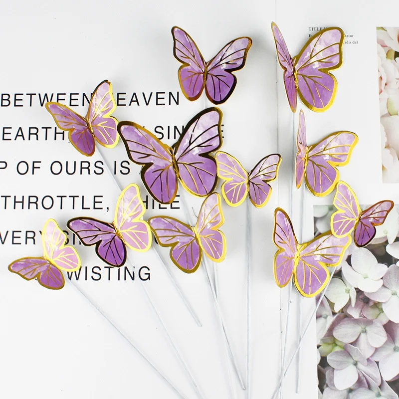 10pcs Colorful Gilt Edged Butterfly Cake Topper Happy Birthday Cake Decorations Wedding Bride Dessert Party Decor
