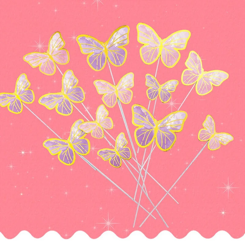 10pcs Colorful Gilt Edged Butterfly Cake Topper Happy Birthday Cake Decorations Wedding Bride Dessert Party Decor