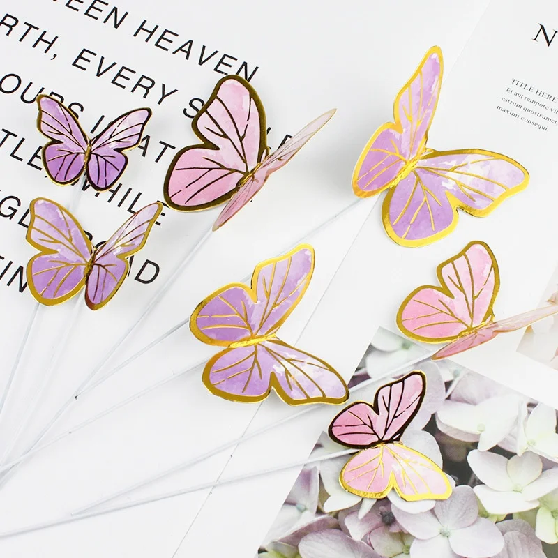 10pcs Colorful Gilt Edged Butterfly Cake Topper Happy Birthday Cake Decorations Wedding Bride Dessert Party Decor