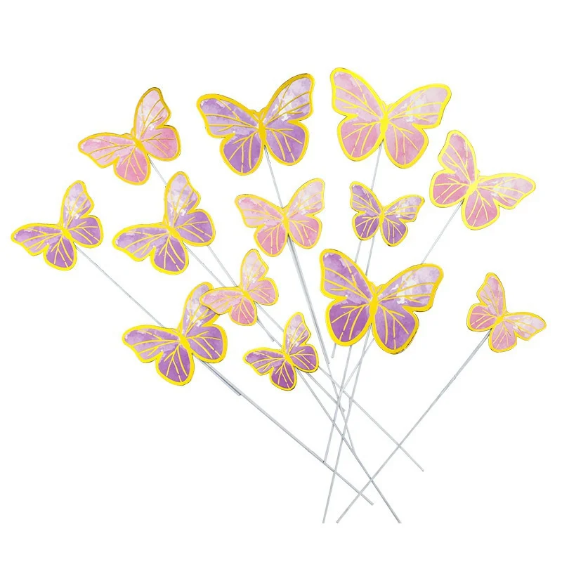 10pcs Colorful Gilt Edged Butterfly Cake Topper Happy Birthday Cake Decorations Wedding Bride Dessert Party Decor