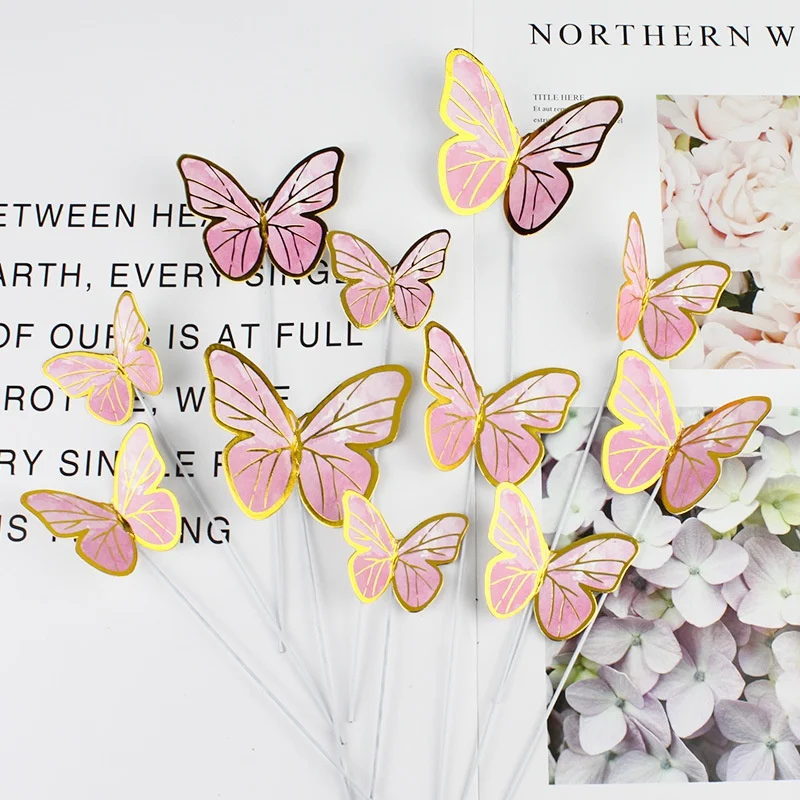 10pcs Colorful Gilt Edged Butterfly Cake Topper Happy Birthday Cake Decorations Wedding Bride Dessert Party Decor