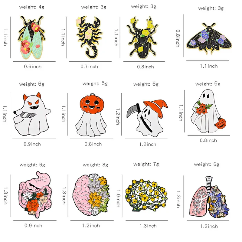 3-6 Pcs/Set Goth Halloween Enamel Pin Ghost Black Cat Moth Witch Punk Brooches Horror Snake Badges Lapel Skeleton Jewelry Gifts