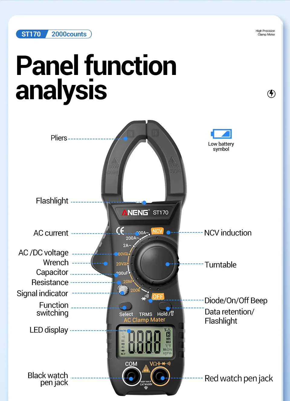 ANENG ST170 Digital Clamp Meter 500A AC Current Multimeter 1999 Counts AC/DC Voltage Tester Hz Capacitance NCV Ohm Diode Test