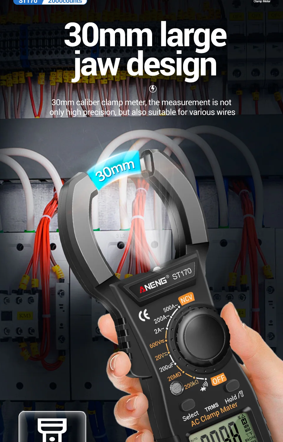 ANENG ST170 Digital Clamp Meter 500A AC Current Multimeter 1999 Counts AC/DC Voltage Tester Hz Capacitance NCV Ohm Diode Test
