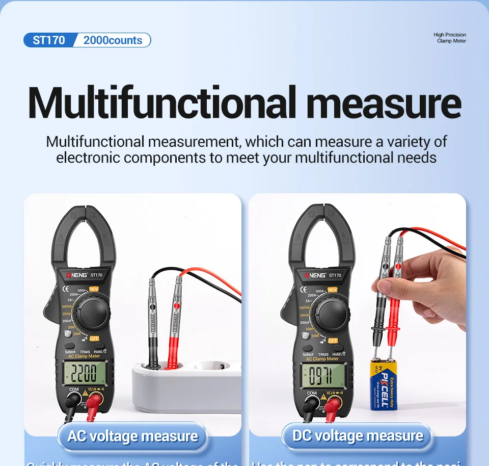 ANENG ST170 Digital Clamp Meter 500A AC Current Multimeter 1999 Counts AC/DC Voltage Tester Hz Capacitance NCV Ohm Diode Test