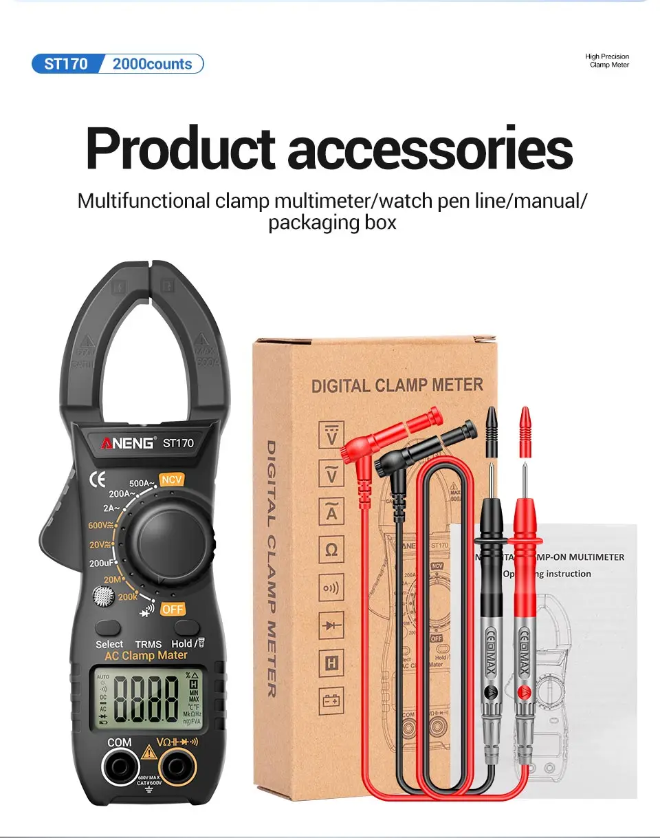ANENG ST170 Digital Clamp Meter 500A AC Current Multimeter 1999 Counts AC/DC Voltage Tester Hz Capacitance NCV Ohm Diode Test