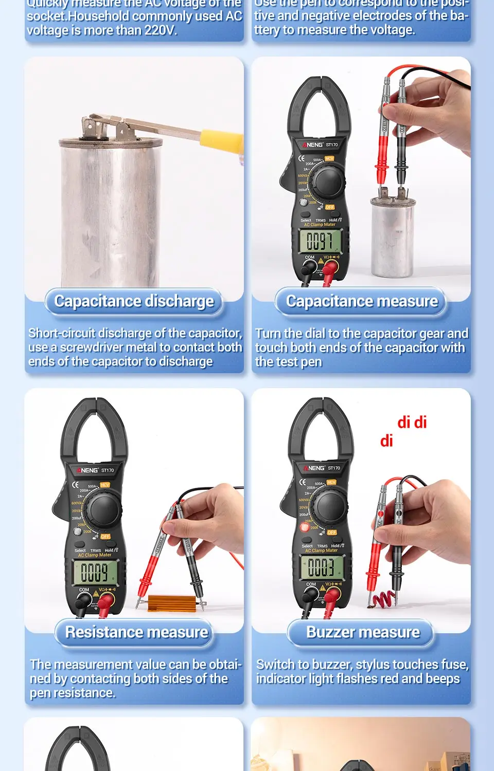 ANENG ST170 Digital Clamp Meter 500A AC Current Multimeter 1999 Counts AC/DC Voltage Tester Hz Capacitance NCV Ohm Diode Test
