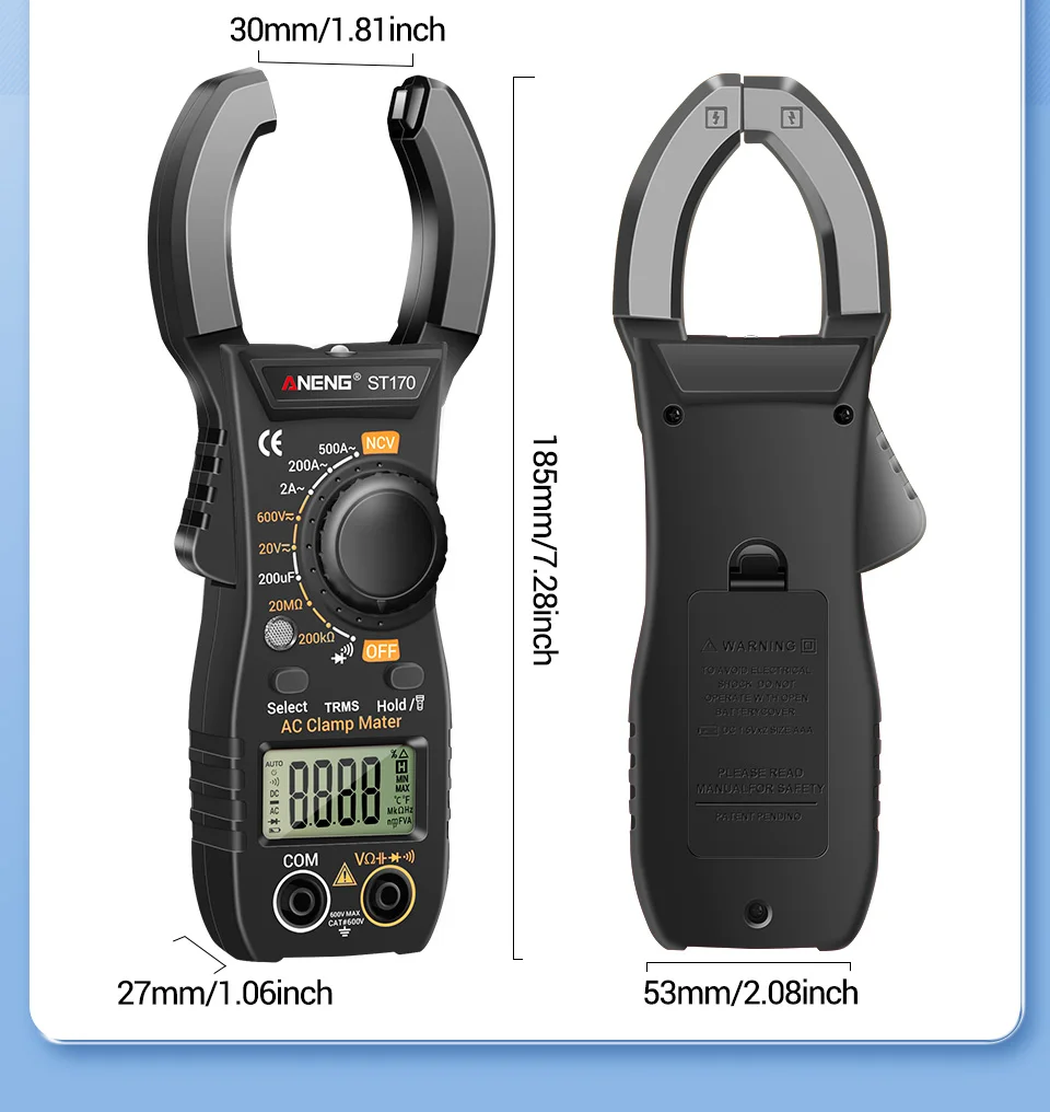 ANENG ST170 Digital Clamp Meter 500A AC Current Multimeter 1999 Counts AC/DC Voltage Tester Hz Capacitance NCV Ohm Diode Test