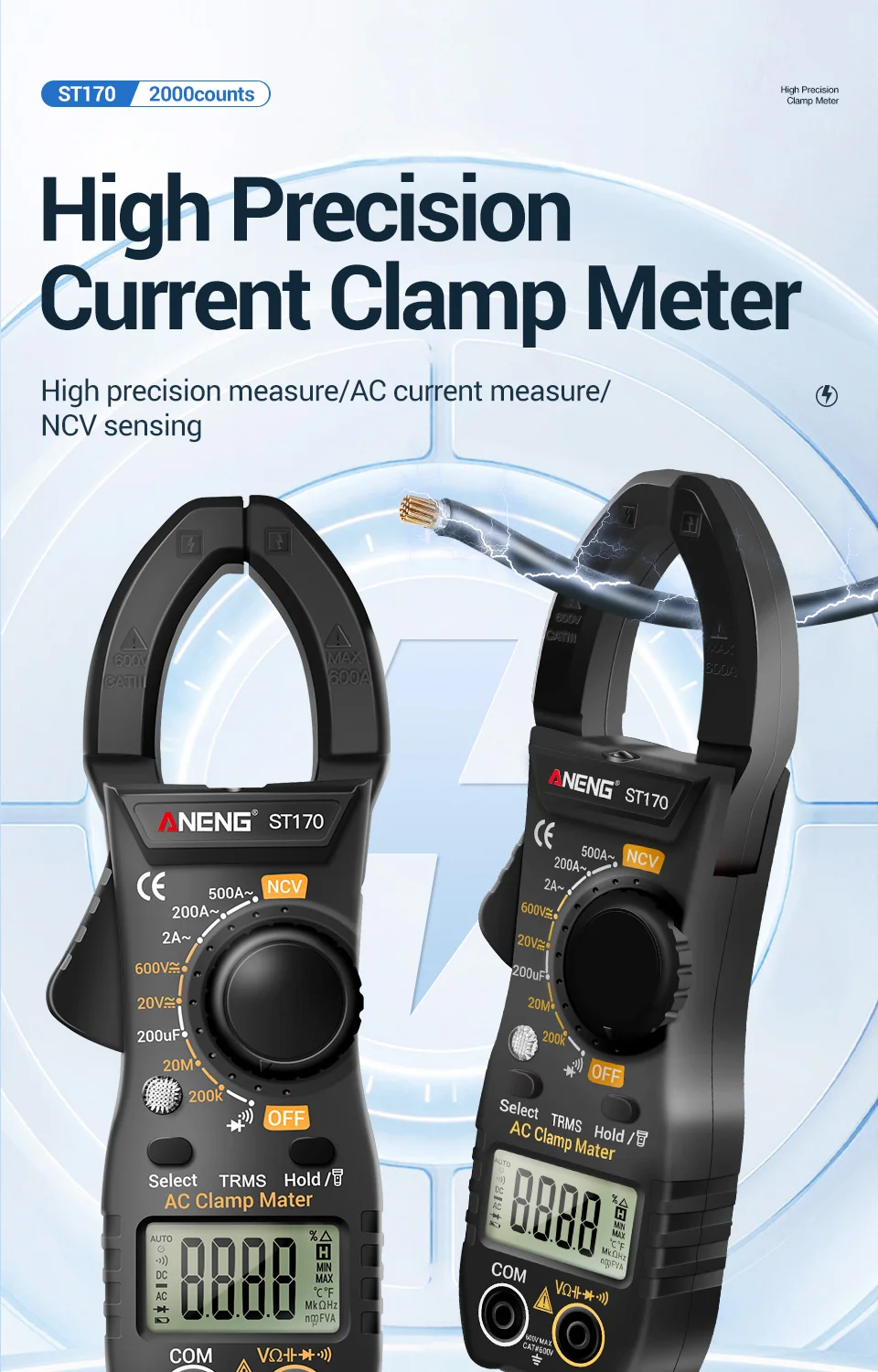 ANENG ST170 Digital Clamp Meter 500A AC Current Multimeter 1999 Counts AC/DC Voltage Tester Hz Capacitance NCV Ohm Diode Test