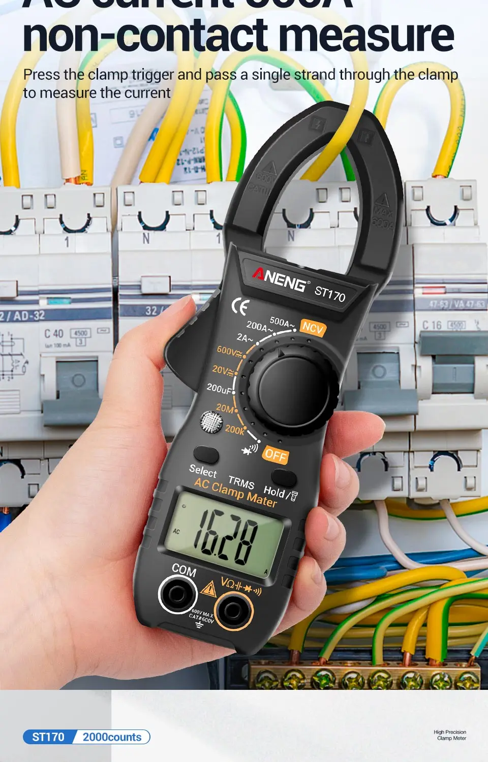 ANENG ST170 Digital Clamp Meter 500A AC Current Multimeter 1999 Counts AC/DC Voltage Tester Hz Capacitance NCV Ohm Diode Test