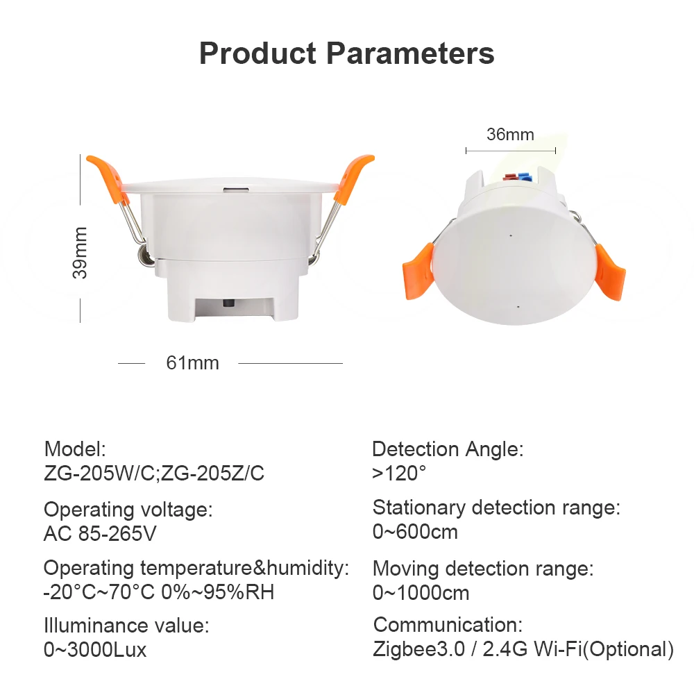 ZigBee MmWave Radar Human Presence Motion Sensor 24G Ceiling Mount Luminance/Distance Detection Tuya Home Automation