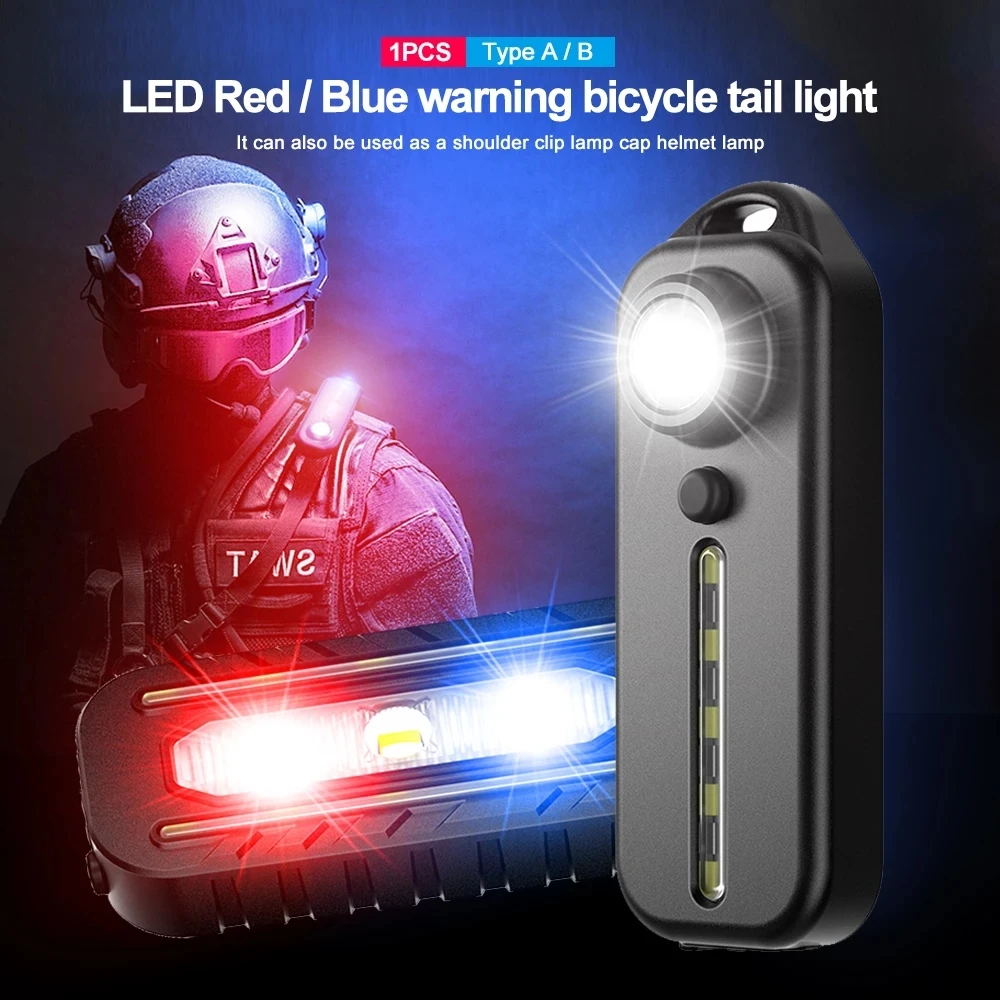 LED Red Blue Caution Emergency Light with Clip USB Rechargeable Shoulder Flashing Warning Safety Torch Bike Tail Lamp