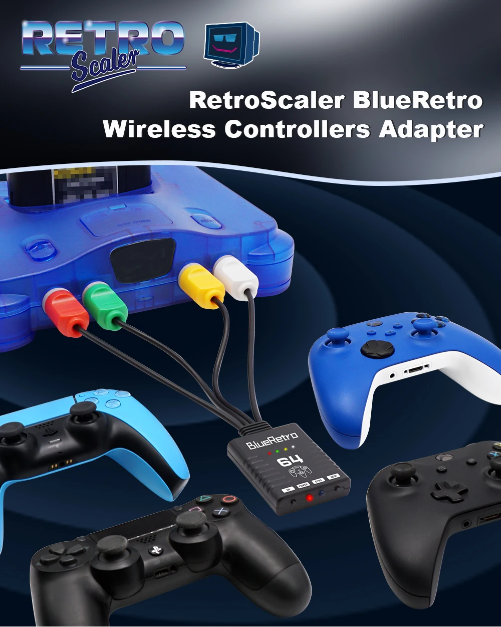 RetroScaler BlueRetro Wireless Game Controller Adapter For Nintendo 64 N64 Console Support Up to Four Wireless Game Controller