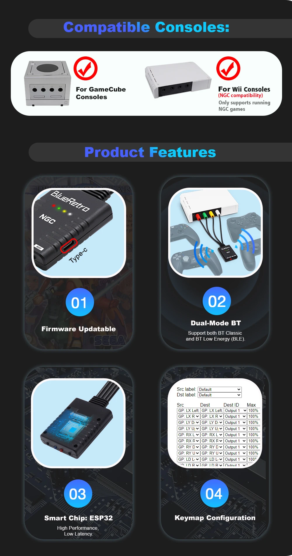 BlueRetro For Nintendo GameCube Console Wireless Game Controllers Adapter To PS3 PS4 PS5 8bitdo Switch Pro wii Controllers