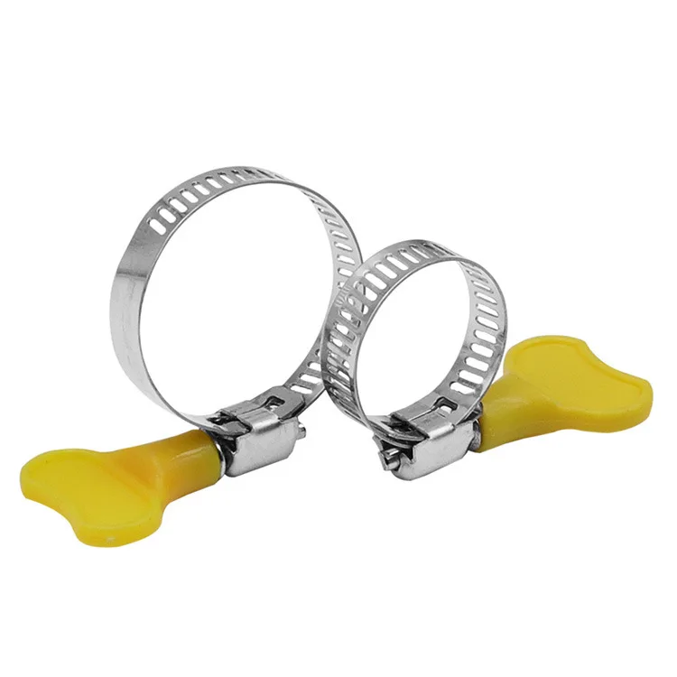 5/10pcs 8-44mm Adjustable Yellow Plastic Handle Hand Twist Hose Clamps Worm Driving 201 Stainless Steel Pipe Clips For Tube
