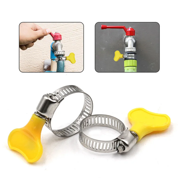5/10pcs 8-44mm Adjustable Yellow Plastic Handle Hand Twist Hose Clamps Worm Driving 201 Stainless Steel Pipe Clips For Tube