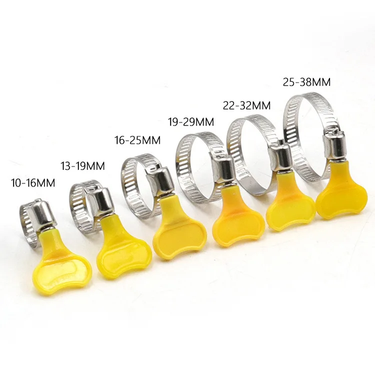 5/10pcs 8-44mm Adjustable Yellow Plastic Handle Hand Twist Hose Clamps Worm Driving 201 Stainless Steel Pipe Clips For Tube