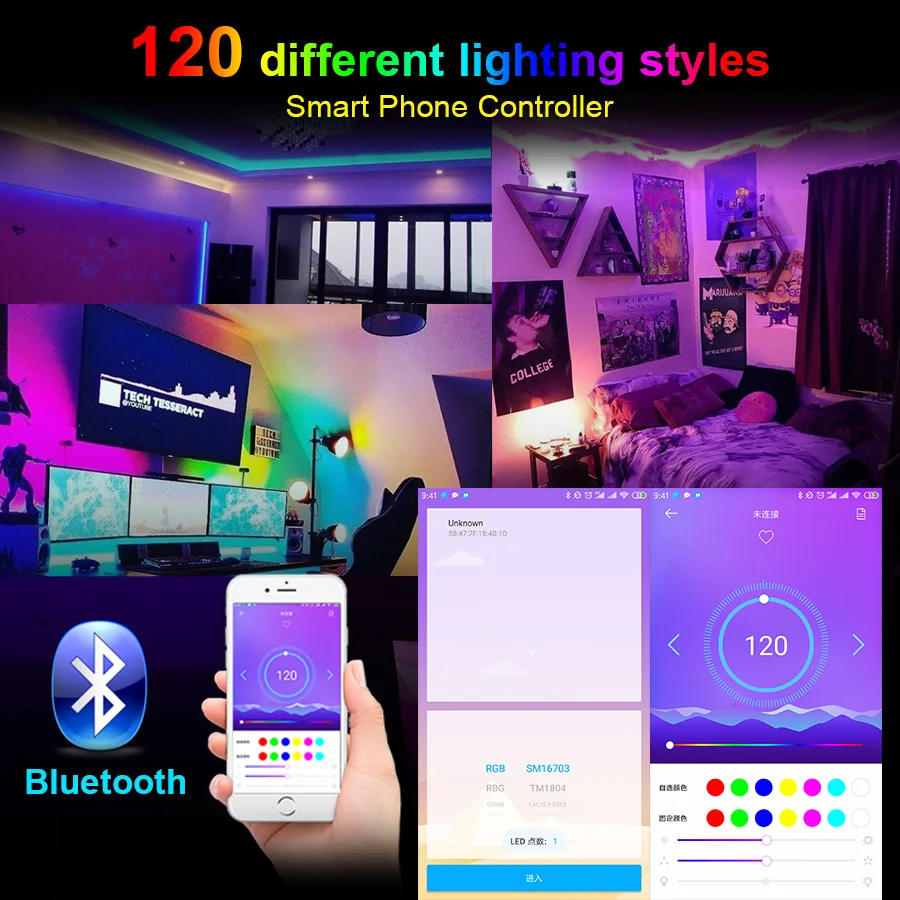WS2812B Led Strip With SP110E USB Bluetooth Controller WS2812 30/60/144 Pixels/m RGB Individually Addressable LED Light Kit DC5V