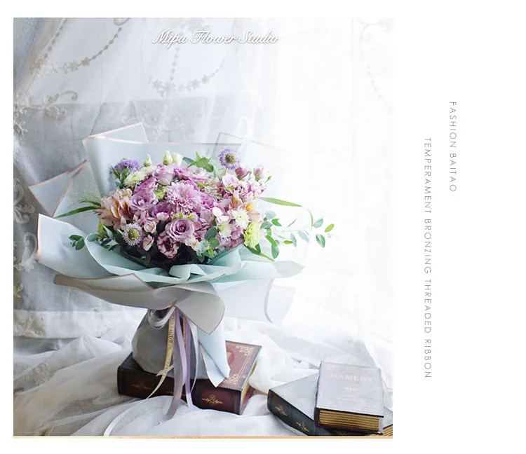 5pcs/pack Flower Wrapping Paper Golden Border Rose Korean Style Half Transparent Gift Packing Florist Bouquet Wrapping Material