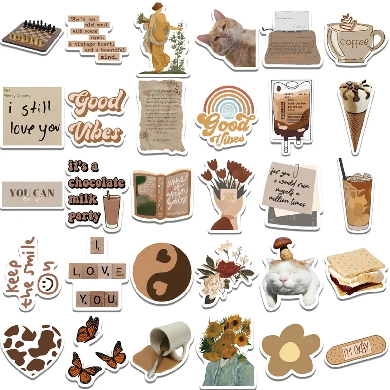 10/30/60PCS Vintage Brown Sticker Aesthetic PVC Laptop Sketchbook Stationery Decoraction Scrapbooking School Supplies