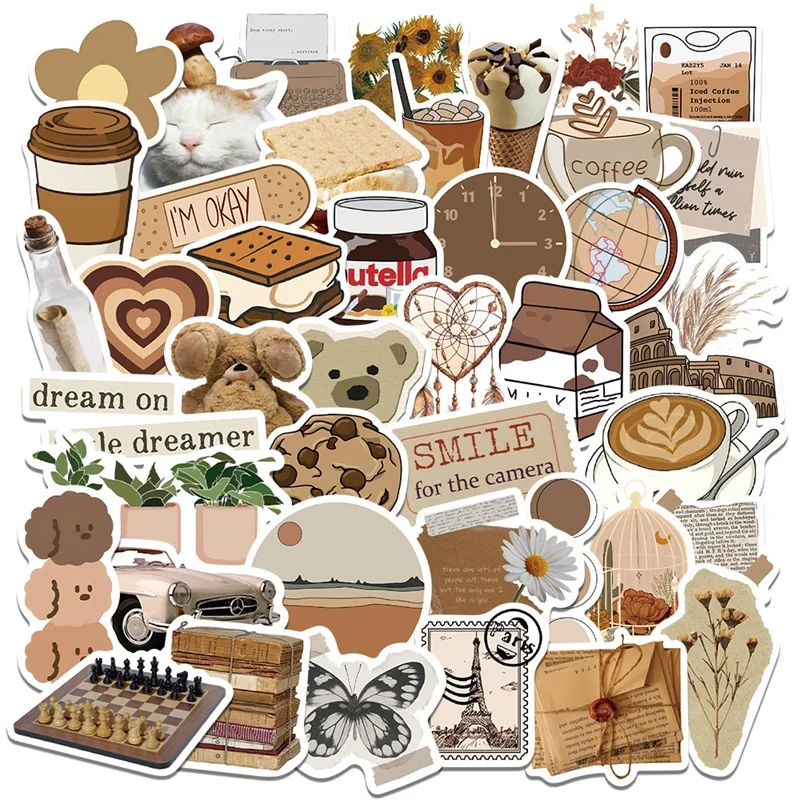 10/30/60PCS Vintage Brown Sticker Aesthetic PVC Laptop Sketchbook Stationery Decoraction Scrapbooking School Supplies