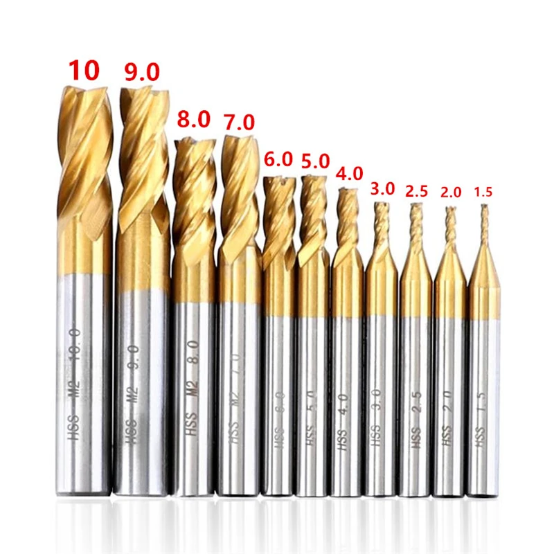 1.5-10mm HSS Titanium Coated 4 Flute Spiral Bit HRC63 End Mill Cutter CNC Drill Bit Milling Cutter Set For Wood, Steel Cutting