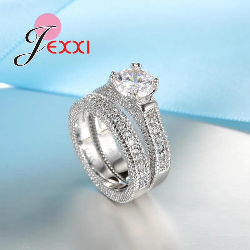 Elegance 925 Sterling Silver 2 PCS Ring Set Paved Full High Quality Shiny Crystals Anel For Women Bride Wedding Jewelry