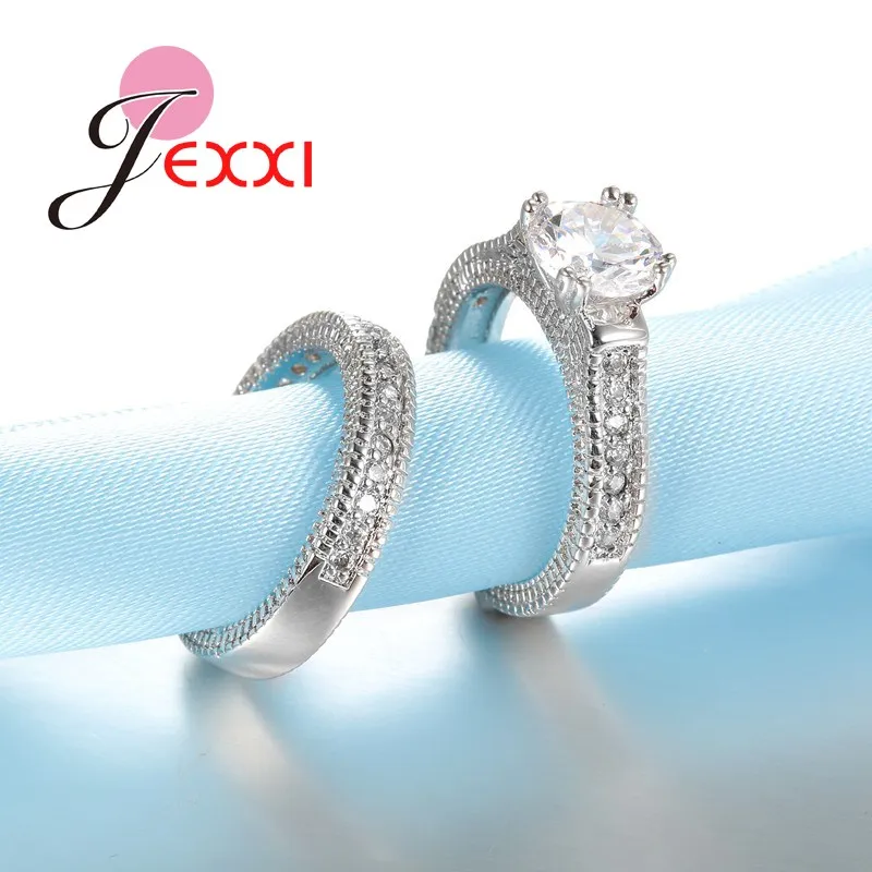 Elegance 925 Sterling Silver 2 PCS Ring Set Paved Full High Quality Shiny Crystals Anel For Women Bride Wedding Jewelry