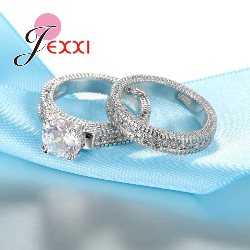 Elegance 925 Sterling Silver 2 PCS Ring Set Paved Full High Quality Shiny Crystals Anel For Women Bride Wedding Jewelry