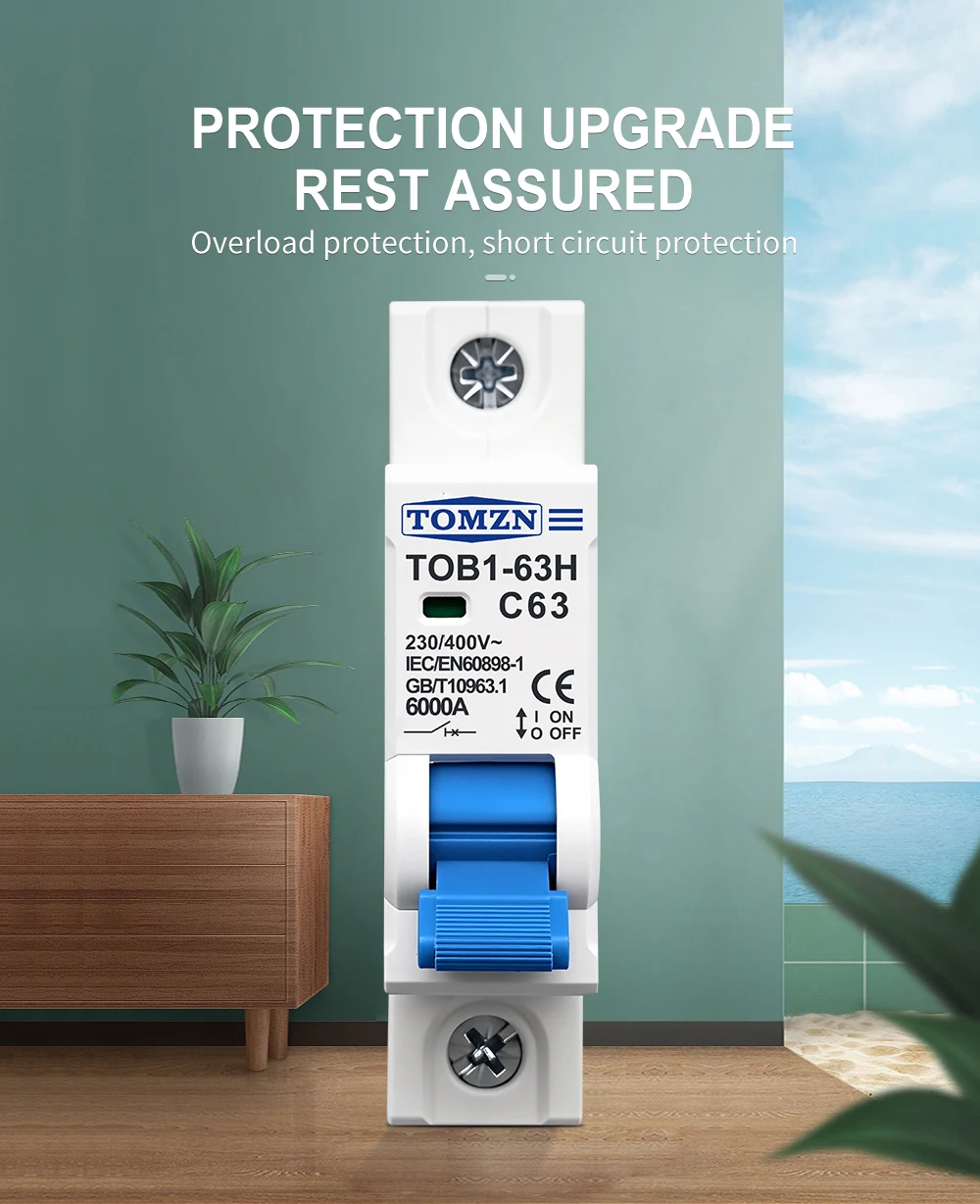 TOMZN 1P AC MCB TOB1-63H C type 230/400V~ 50Hz/60Hz Mini Circuit Breaker 3A 6A 10A 16A 20A 25A 32A 40A 50A 63A