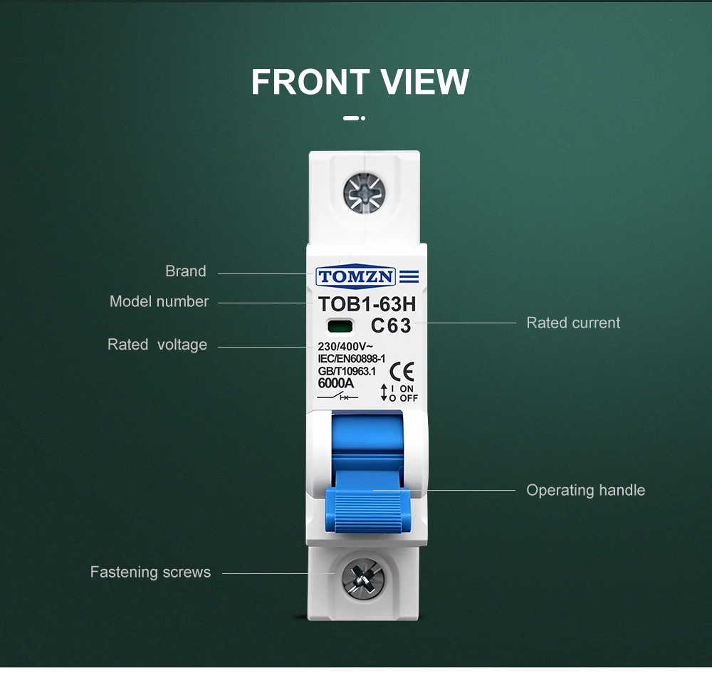 TOMZN 1P AC MCB TOB1-63H C type 230/400V~ 50Hz/60Hz Mini Circuit Breaker 3A 6A 10A 16A 20A 25A 32A 40A 50A 63A