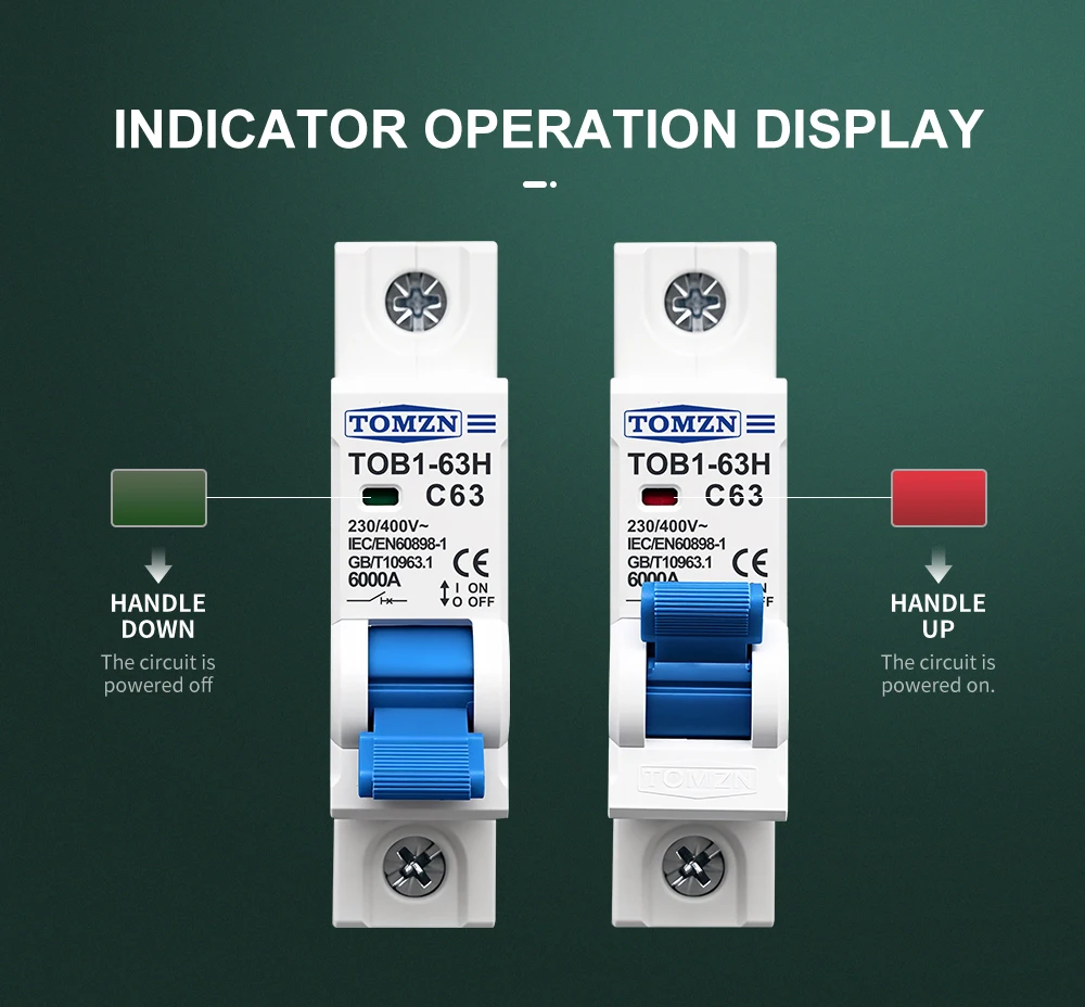 TOMZN 1P AC MCB TOB1-63H C type 230/400V~ 50Hz/60Hz Mini Circuit Breaker 3A 6A 10A 16A 20A 25A 32A 40A 50A 63A
