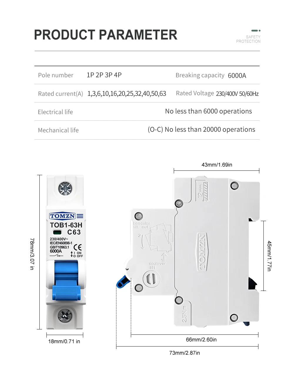 TOMZN 1P AC MCB TOB1-63H C type 230/400V~ 50Hz/60Hz Mini Circuit Breaker 3A 6A 10A 16A 20A 25A 32A 40A 50A 63A