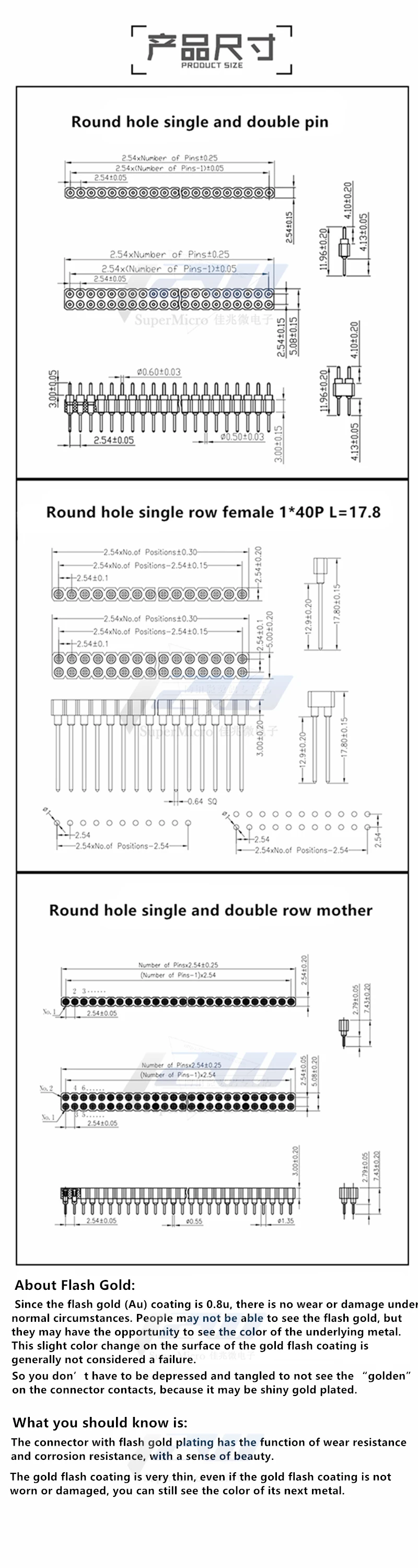 5 Pcs Round Hole Pin Header 2.0MM/2.54MM Pitch Row Female/Male, Single Row 1x40P Row 2x40P Double Row Pin Round Pin Gold Plated