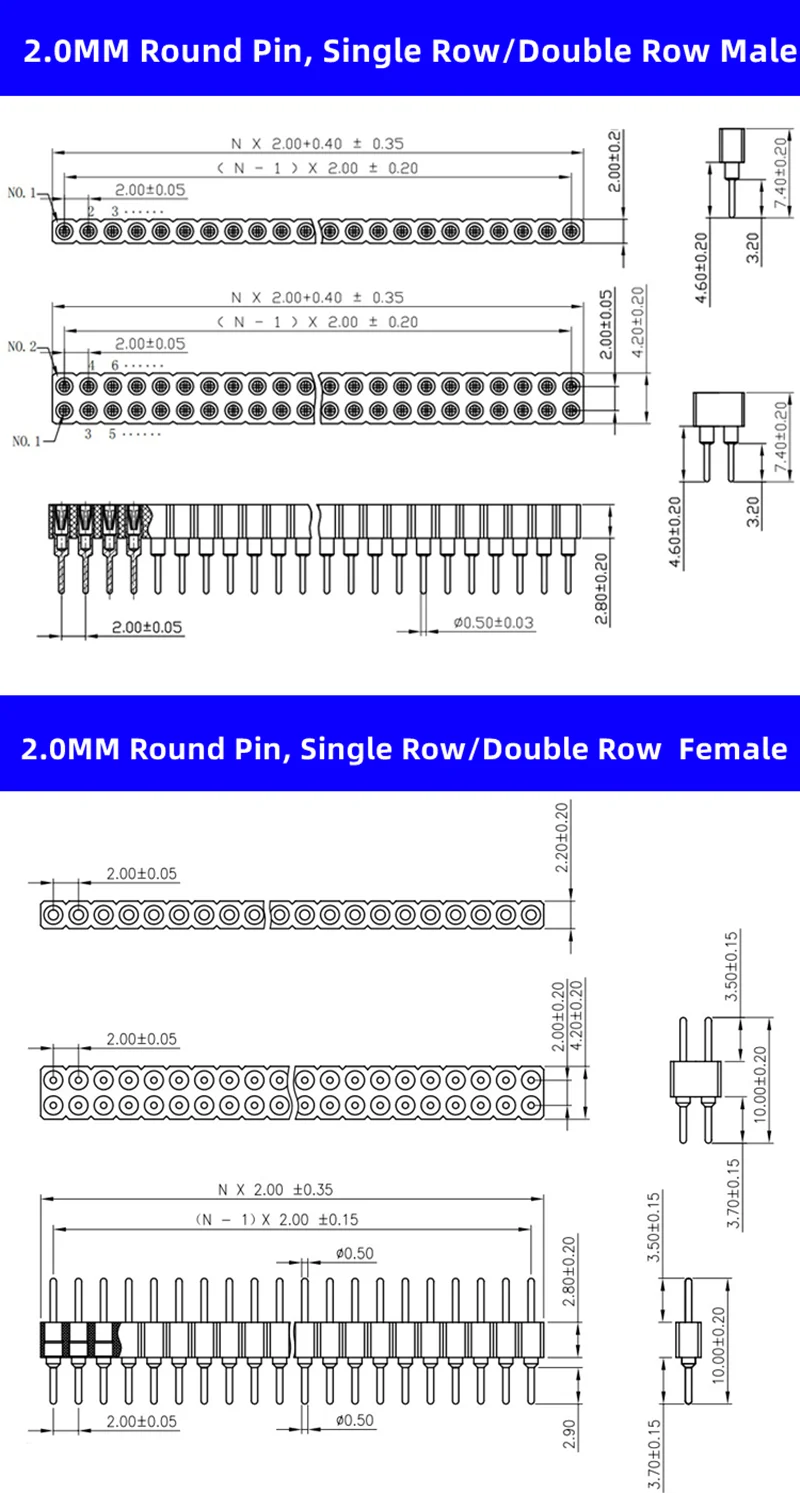5 Pcs Round Hole Pin Header 2.0MM/2.54MM Pitch Row Female/Male, Single Row 1x40P Row 2x40P Double Row Pin Round Pin Gold Plated