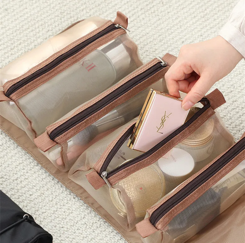 4 in 1 Cosmetic Bag For Women Zipper Mesh Separable Cosmetics Pouch Ladies Foldable Nylon Bag Rope Makeup Bag Kosmetyczka