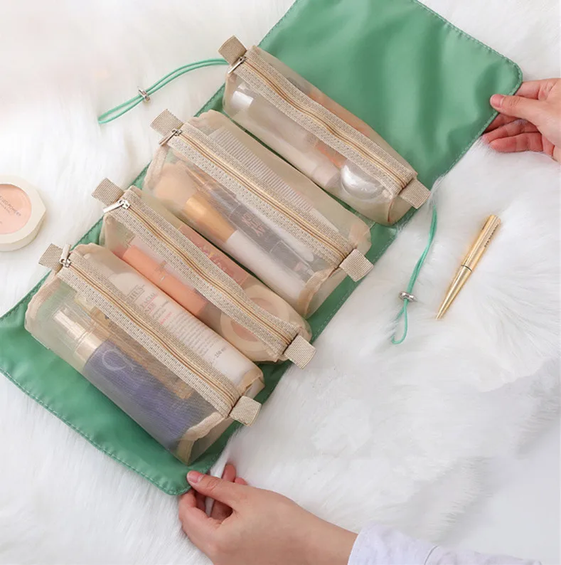 4 in 1 Cosmetic Bag For Women Zipper Mesh Separable Cosmetics Pouch Ladies Foldable Nylon Bag Rope Makeup Bag Kosmetyczka