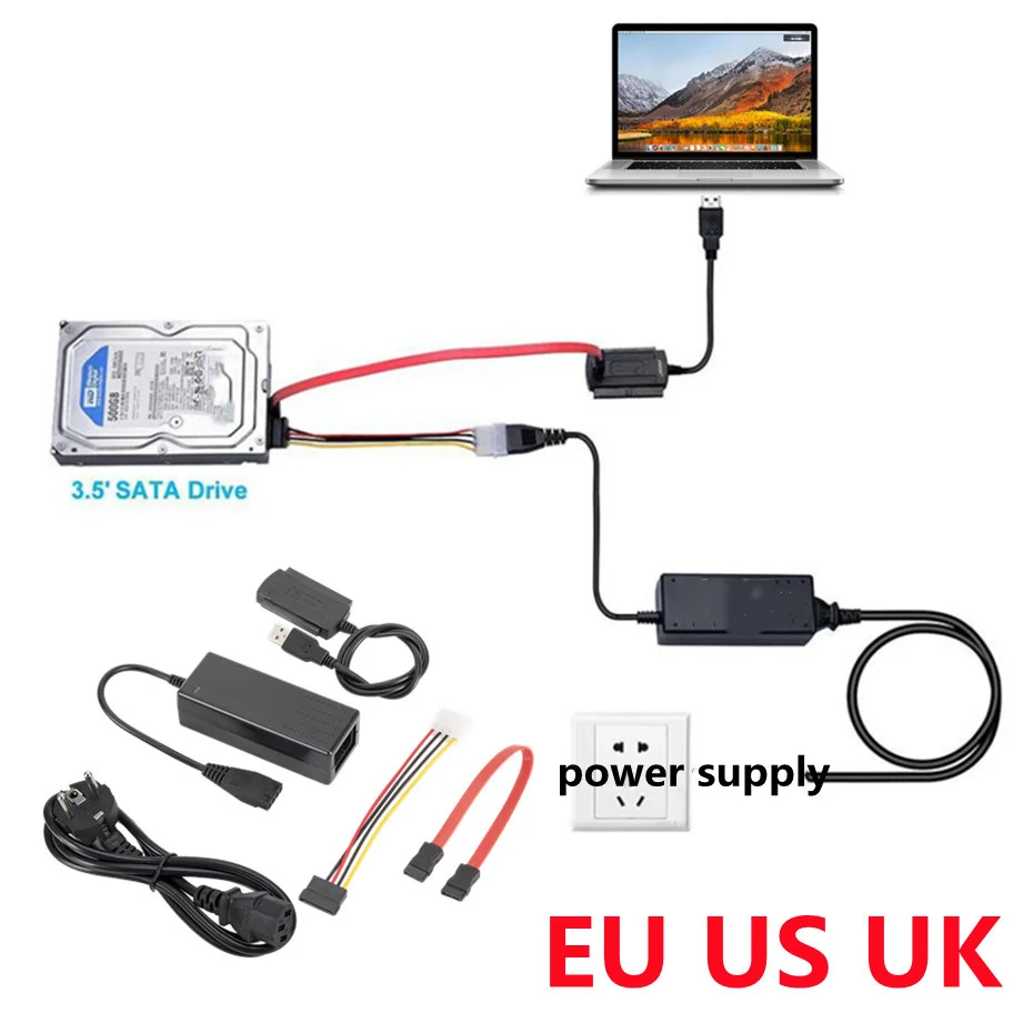 WVVMVV New 3-in-1 USB 2.0 To IDE / SATA 2.5",3.5" Hard Drive Disk HDD SSD 480Mb/s Data Interface Converter Adapter Cable