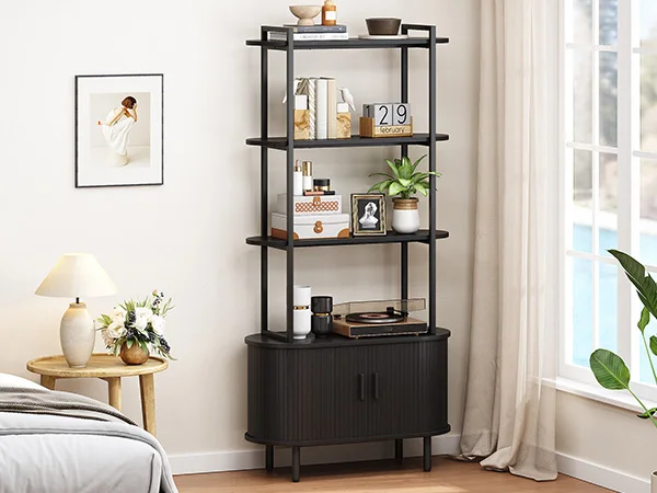 71" Tall Bookshelf,4-Tier Book Shelf with Storage Cabinet,Modern Bookcase with Sliding Door & Adjustable Footpad
